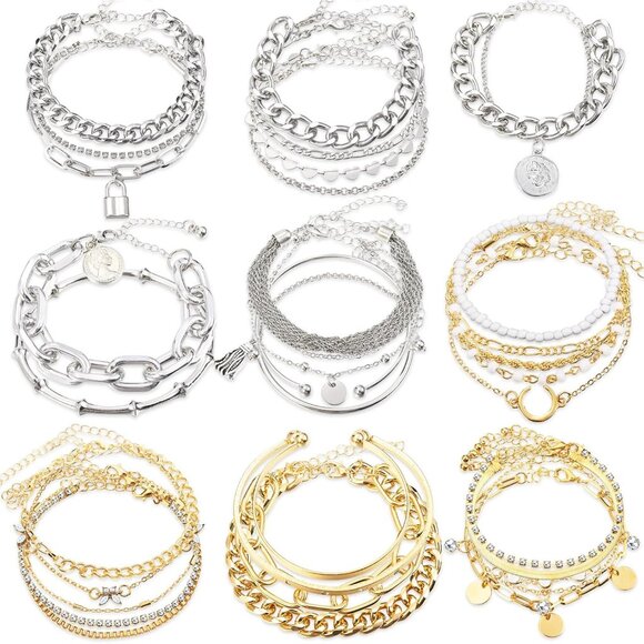 33 Pcs Metal Bracelets Set for Women Mixed Gold Silver Stylish Stackable Jewelry - Picture 1 of 6